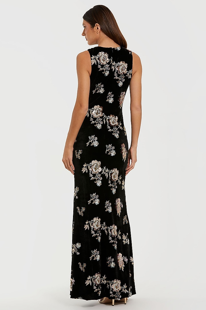 Black Velvet Metallic Floral Embroidered Column Engagement Gown by Mac Duggal at Pernia's Pop Up Shop
