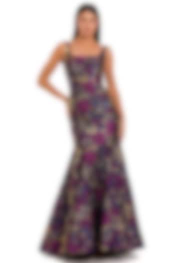 Blue Brocade Floral Embellished Trumpet Engagement Gown by Mac Duggal at Pernia's Pop Up Shop