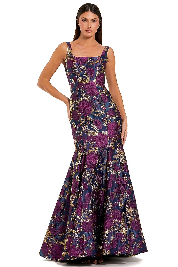 Blue Brocade Floral Embellished Trumpet Engagement Gown by Mac Duggal at Pernia's Pop Up Shop