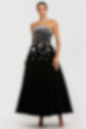 Black Velvet Embellished A-Line Strapless Midi Party Wear Dress by Mac Duggal at Pernia's Pop Up Shop
