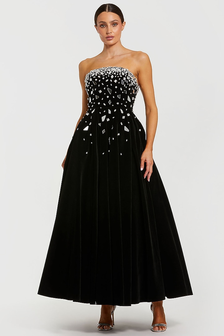 Black Velvet Embellished A-Line Strapless Midi Party Wear Dress by Mac Duggal at Pernia's Pop Up Shop