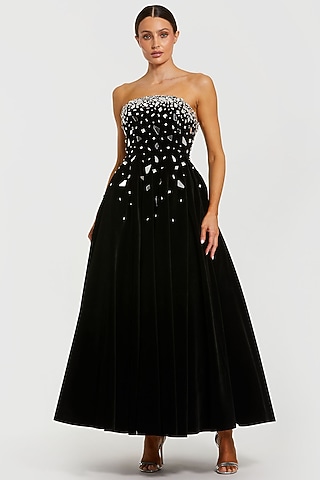Black Velvet Embellished A-Line Strapless Midi Dress by Mac Duggal