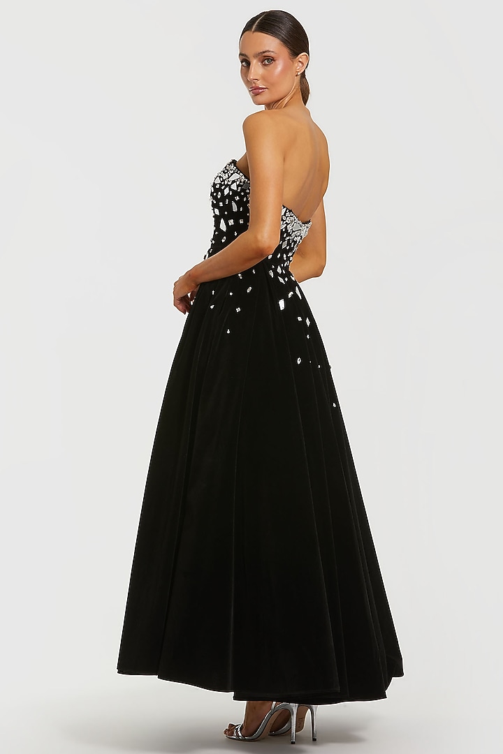 Black Velvet Embellished A-Line Strapless Midi Party Wear Dress by Mac Duggal at Pernia's Pop Up Shop