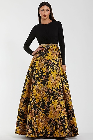Black & Yellow Brocade Ball Gown by Mac Duggal