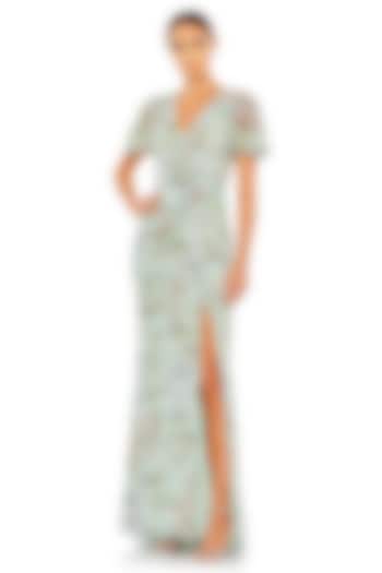 Seamist Green Polyester Floral Printed Wedding Gown by Mac Duggal at Pernia's Pop Up Shop
