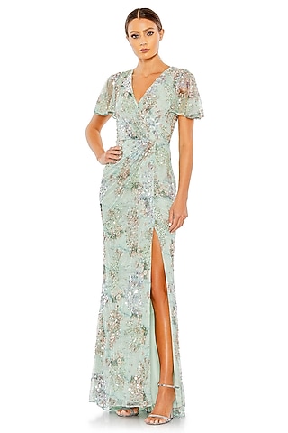 Seamist Green Polyester Floral Printed Gown by Mac Duggal