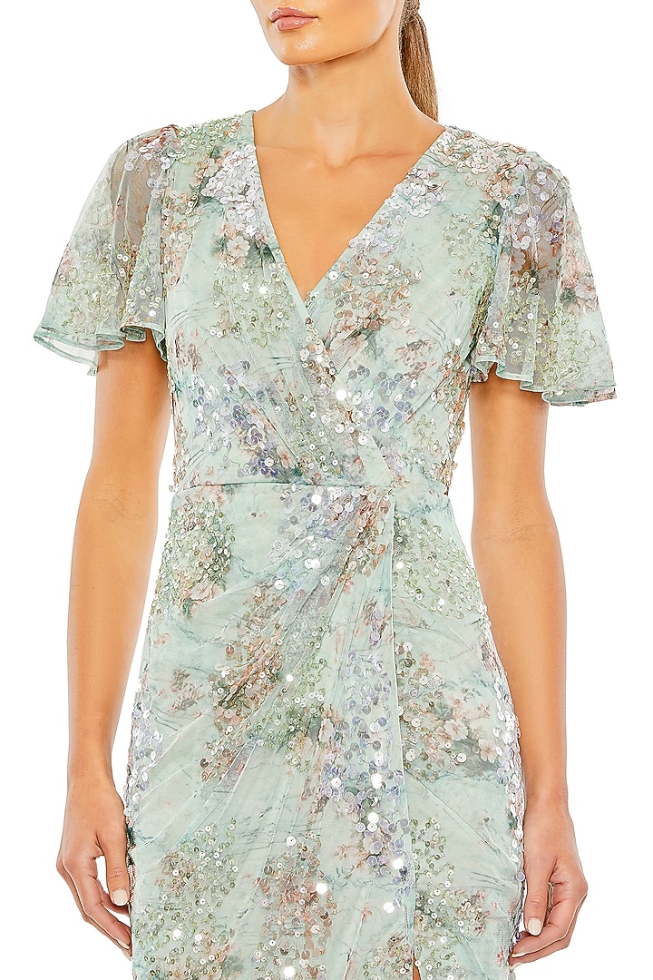 Seamist Green Polyester Floral Printed Wedding Gown by Mac Duggal at Pernia's Pop Up Shop