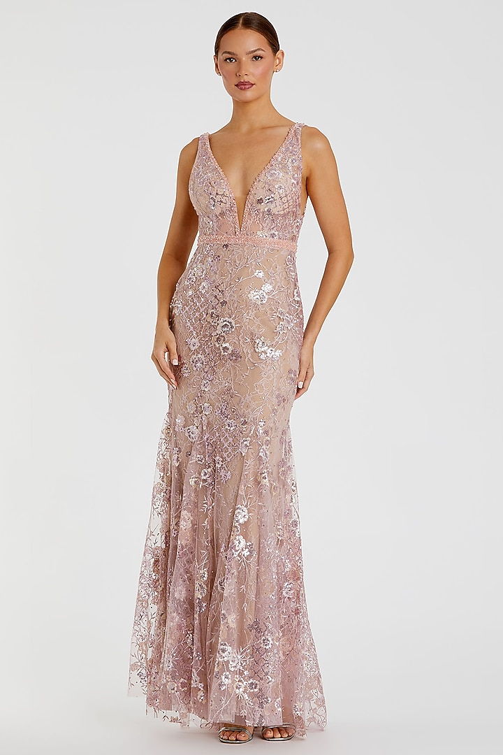 Rose Pink Polyester 3D Floral Applique Embellished Engagement Gown by Mac Duggal at Pernia's Pop Up Shop