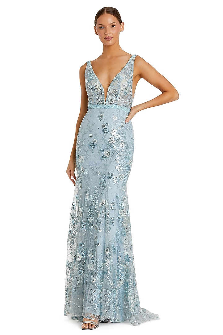 Seafoam Polyester 3D Floral Applique Embellished Engagement Gown by Mac Duggal at Pernia's Pop Up Shop