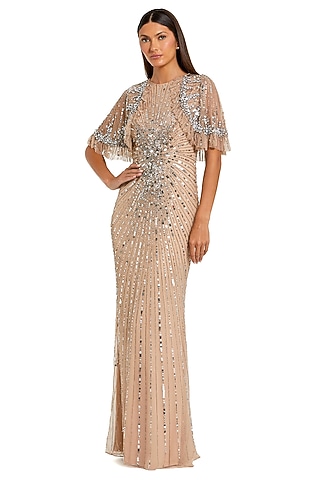 Nude Silver Mesh Embellished Capelet Gown by Mac Duggal