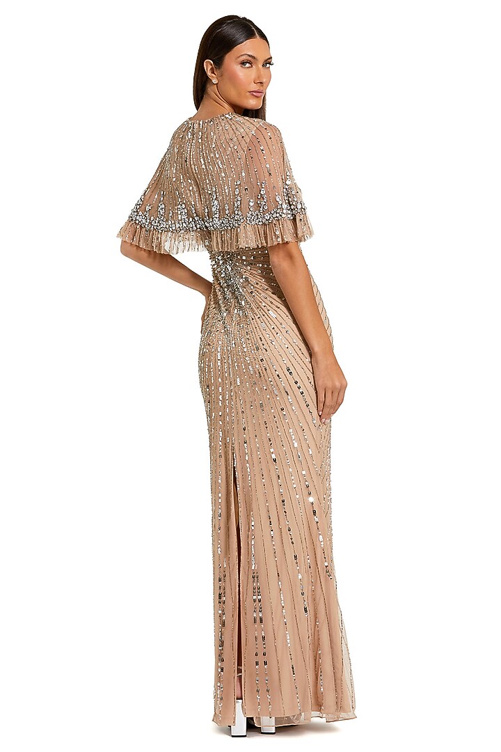 Nude Silver Mesh Embellished Capelet Engagement Gown by Mac Duggal at Pernia's Pop Up Shop