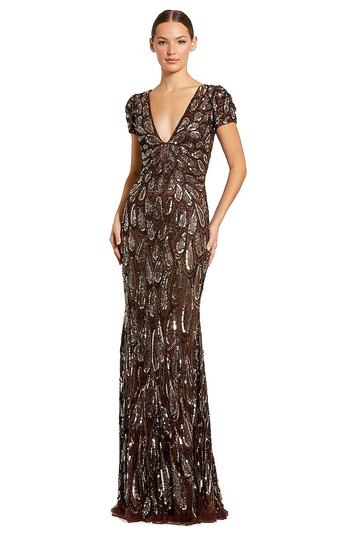 Chocolate Brown Mesh Beads Embellished V-Neck Engagement Gown by Mac Duggal at Pernia's Pop Up Shop