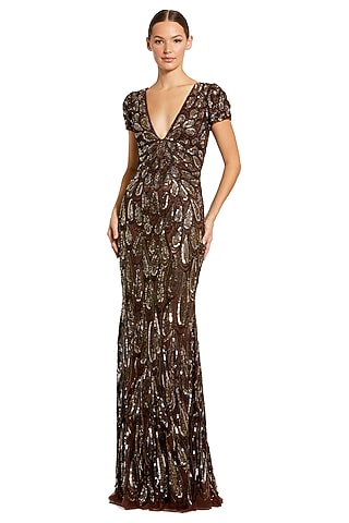 Chocolate Brown Mesh Beads Embellished V-Neck Gown by Mac Duggal