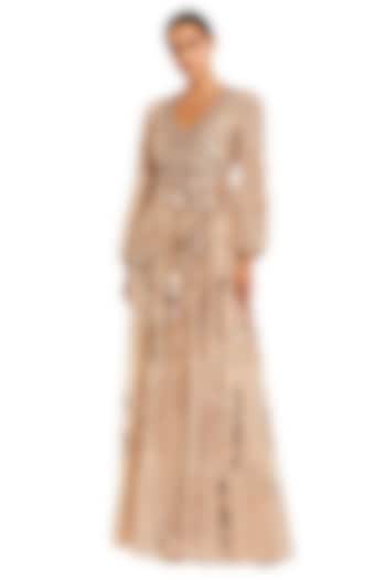 Beige Mesh Sequins Embellished V-Neck Engagement Gown by Mac Duggal at Pernia's Pop Up Shop