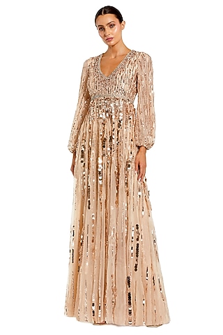 Beige Mesh Sequins Embellished V-Neck Gown by Mac Duggal
