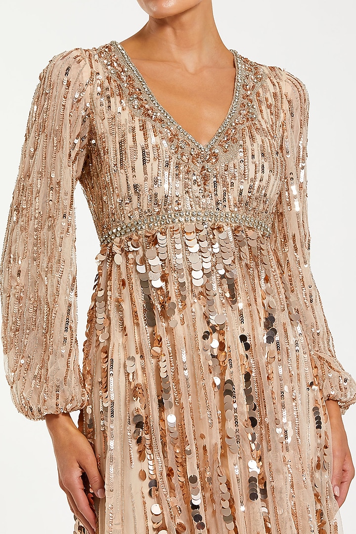 Beige Mesh Sequins Embellished V-Neck Engagement Gown by Mac Duggal at Pernia's Pop Up Shop