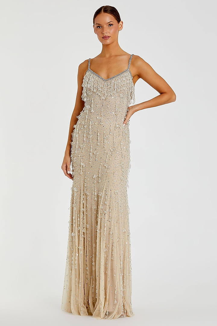 Nude Silver Net Crystal & Beads Embellished Engagement Gown by Mac Duggal at Pernia's Pop Up Shop