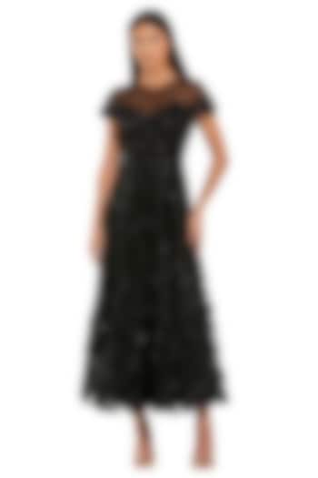 Black Mesh Lace Embellished A-Line Midi Dress by Mac Duggal at Pernia's Pop Up Shop