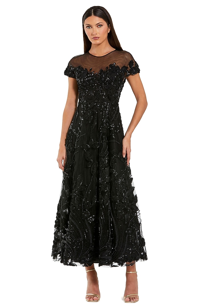 Black Mesh Lace Embellished A-Line Midi Dress by Mac Duggal at Pernia's Pop Up Shop