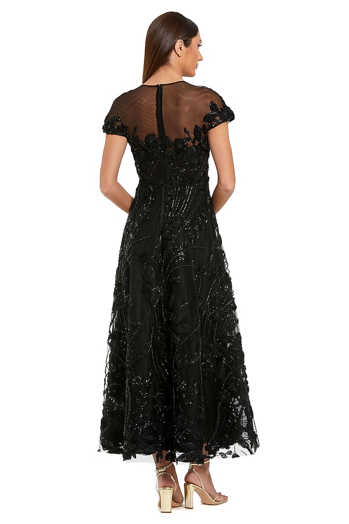 Black Mesh Lace Embellished A-Line Midi Dress by Mac Duggal at Pernia's Pop Up Shop