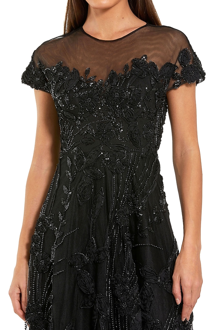 Black Mesh Lace Embellished A-Line Midi Dress by Mac Duggal at Pernia's Pop Up Shop