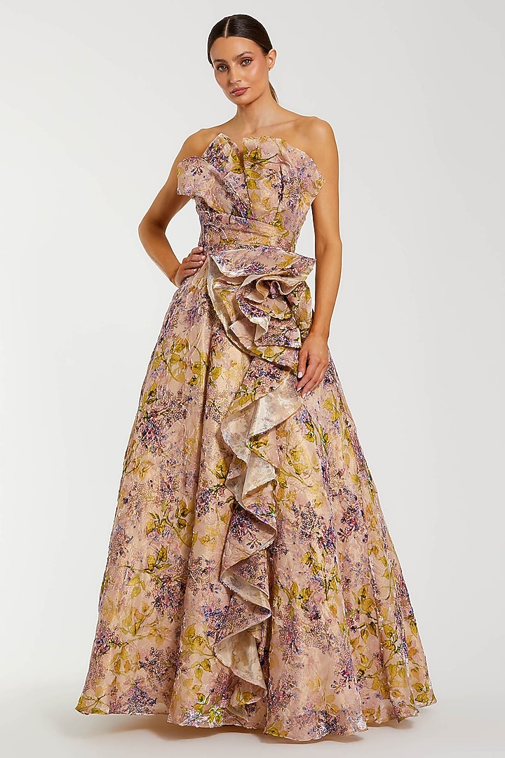 Multi-Colored Velvet 3D Floral Ball Wedding Gown by Mac Duggal at Pernia's Pop Up Shop