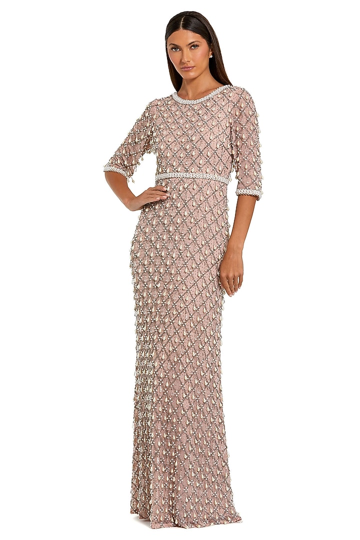 Light Rose Mesh Pearl Embellished Wedding Gown by Mac Duggal at Pernia's Pop Up Shop