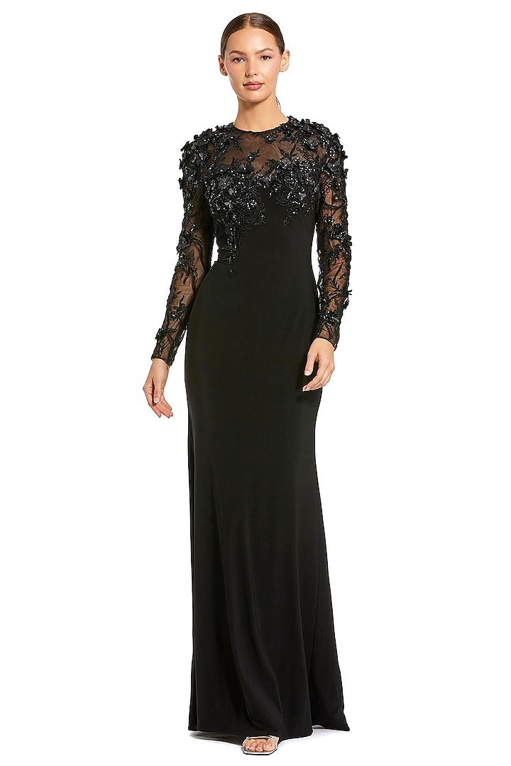 Black Jersey Floral Embellished Column Engagement Gown by Mac Duggal at Pernia's Pop Up Shop