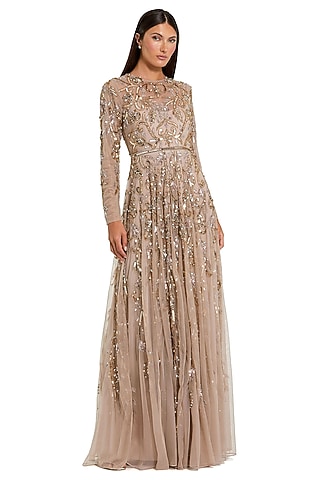 Mocha Gold Mesh Sequins Embellished Gown by Mac Duggal