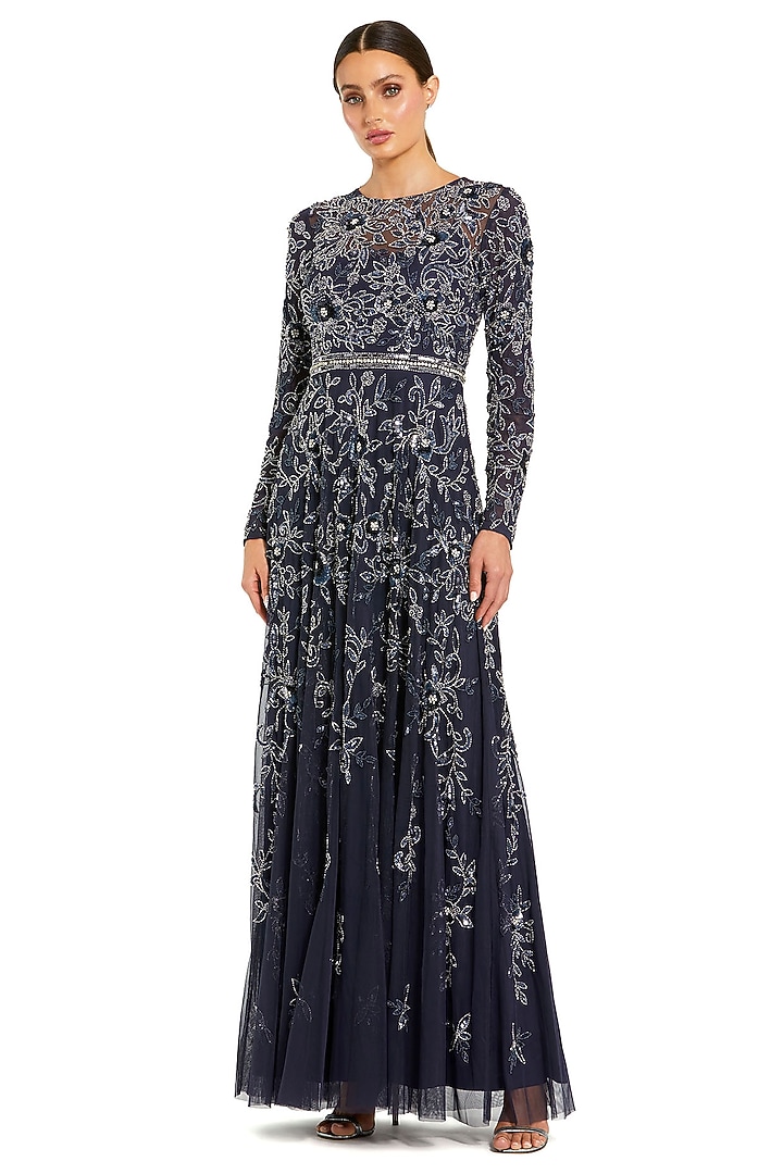 Midnight Blue Mesh Floral Embellished A-Line Engagement Gown by Mac Duggal at Pernia's Pop Up Shop
