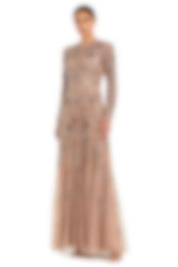 Mocha Chiffon & Mesh Floral Printed Tiered Engagement Gown by Mac Duggal at Pernia's Pop Up Shop