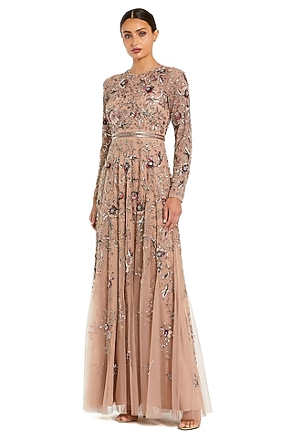 Mocha Chiffon & Mesh Floral Printed Tiered Gown by Mac Duggal