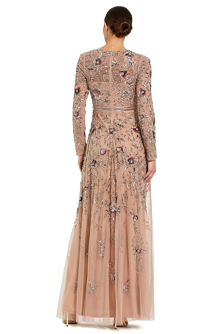 Mocha Chiffon & Mesh Floral Printed Tiered Wedding Gown by Mac Duggal at Pernia's Pop Up Shop