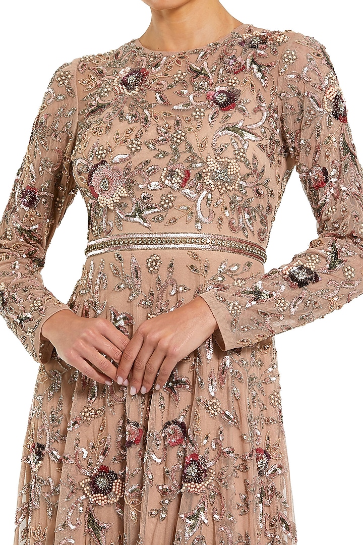 Mocha Chiffon & Mesh Floral Printed Tiered Wedding Gown by Mac Duggal at Pernia's Pop Up Shop