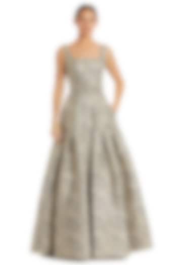 Gold Metallic Jacquard Stripe Printed Box-Pleated Engagement Gown by Mac Duggal at Pernia's Pop Up Shop