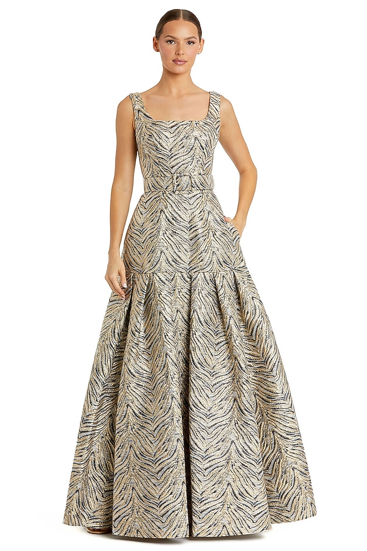 Gold Metallic Jacquard Stripe Printed Box-Pleated Engagement Gown by Mac Duggal at Pernia's Pop Up Shop