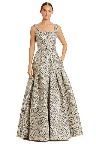 Gold Metallic Jacquard Stripe Printed Box-Pleated Gown by Mac Duggal