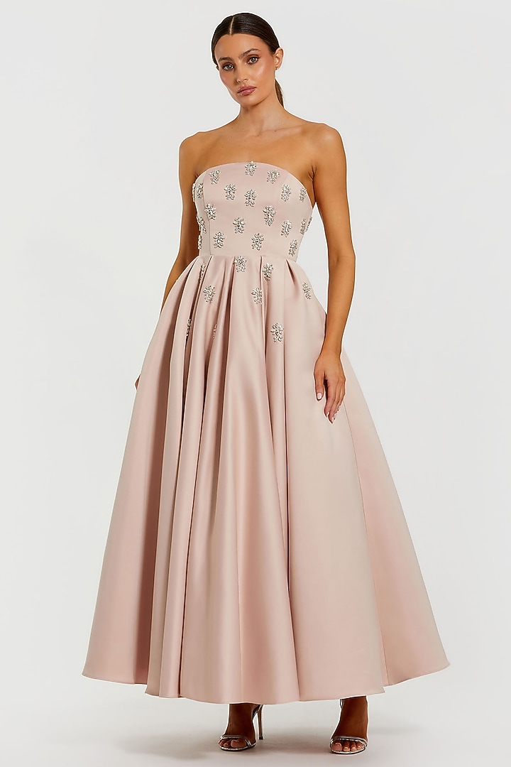 Blush Pink Satin Crystal Embellished Strapless A-Line Party Wear Dress by Mac Duggal at Pernia's Pop Up Shop