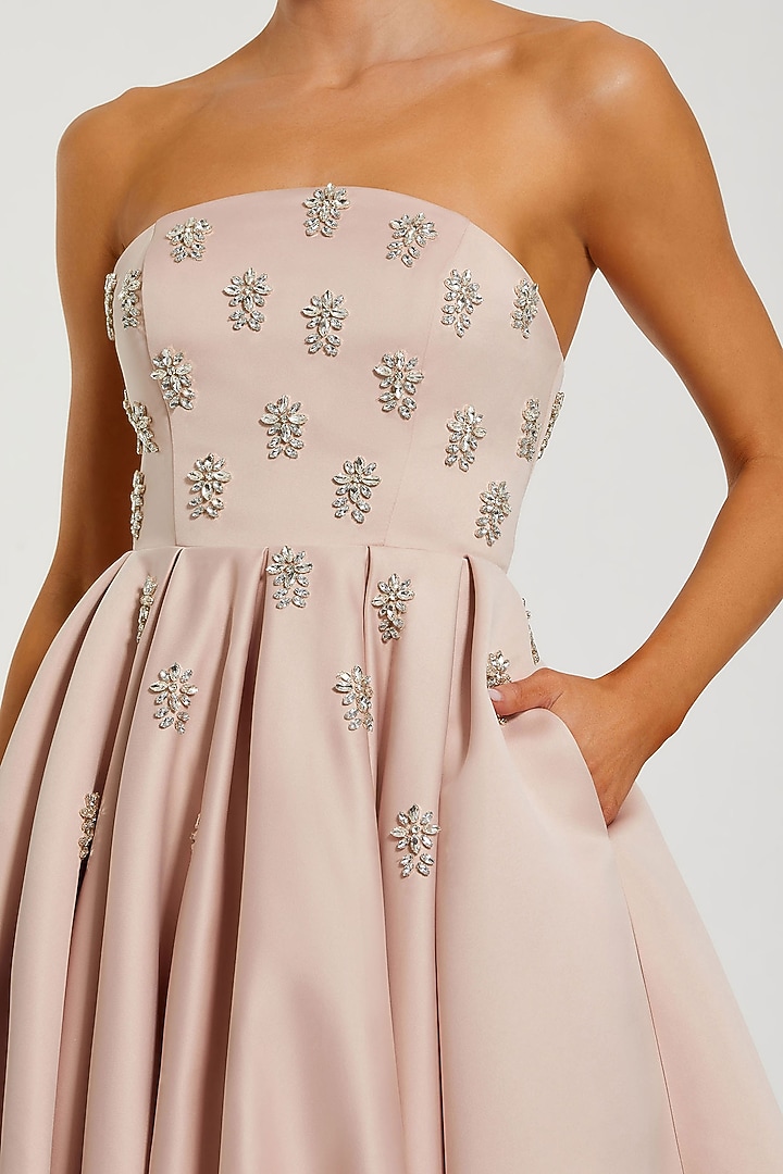 Blush Pink Satin Crystal Embellished Strapless A-Line Party Wear Dress by Mac Duggal at Pernia's Pop Up Shop