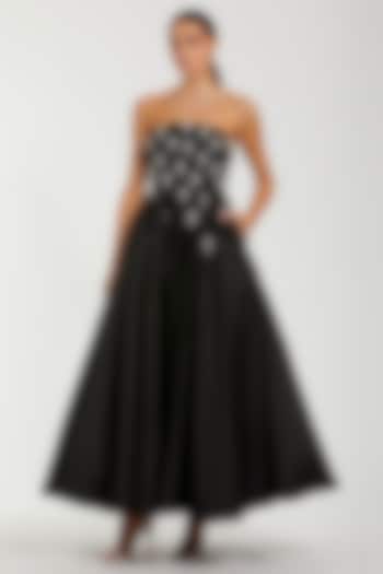 Black Satin Crystal Embellished Strapless A-Line Party Wear Dress by Mac Duggal at Pernia's Pop Up Shop