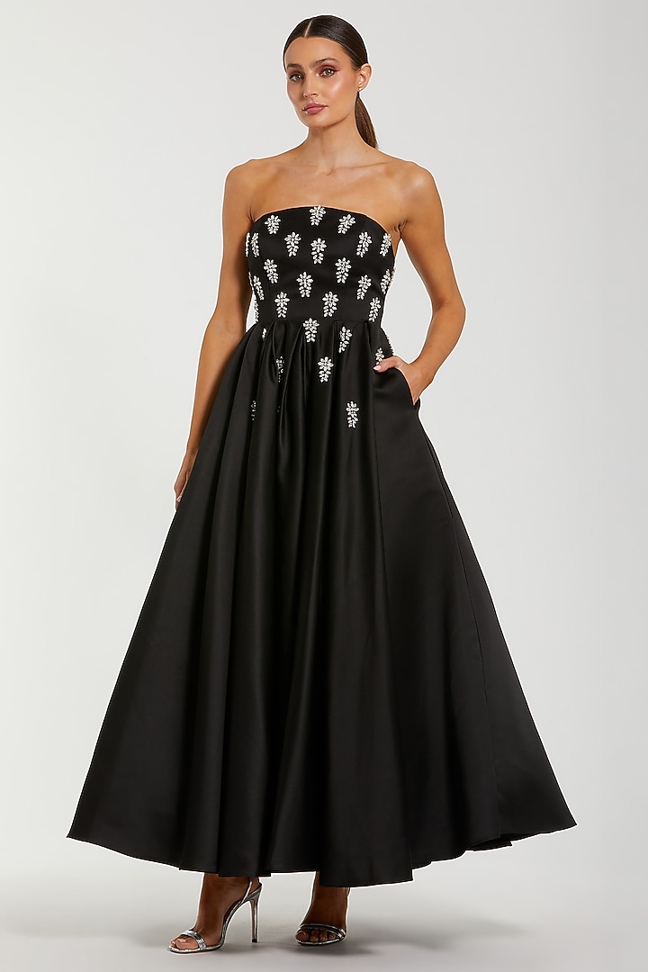 Black Satin Crystal Embellished Strapless A-Line Party Wear Dress by Mac Duggal at Pernia's Pop Up Shop