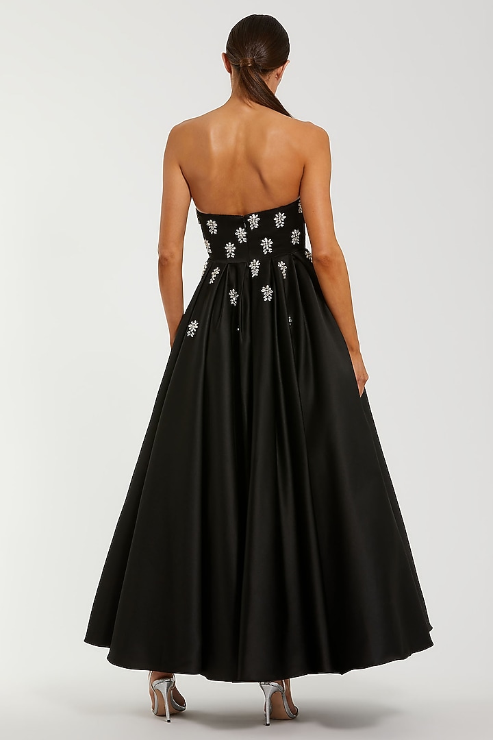 Black Satin Crystal Embellished Strapless A-Line Party Wear Dress by Mac Duggal at Pernia's Pop Up Shop