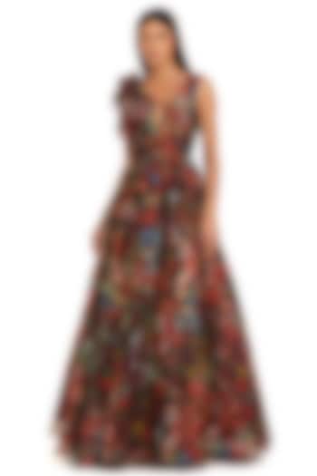 Multi-Colored Chiffon Floral Printed One-Shoulder Ball Engagement Gown by Mac Duggal at Pernia's Pop Up Shop