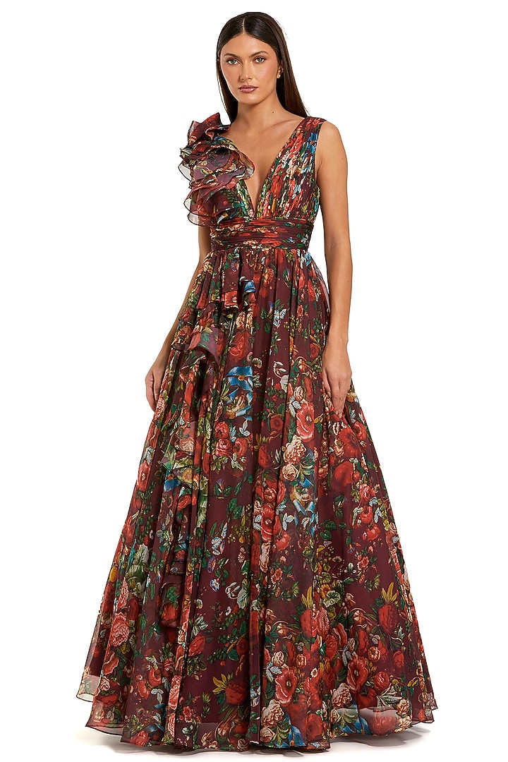 Multi-Colored Chiffon Floral Printed One-Shoulder Ball Engagement Gown by Mac Duggal at Pernia's Pop Up Shop