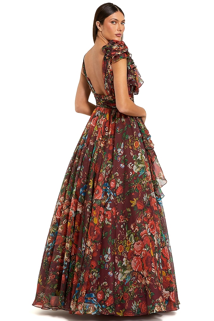 Multi-Colored Chiffon Floral Printed One-Shoulder Ball Engagement Gown by Mac Duggal at Pernia's Pop Up Shop