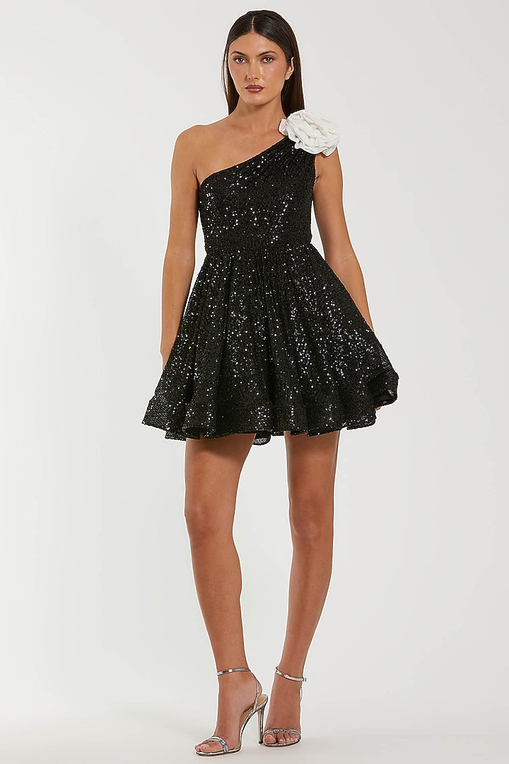 Black Sequins One-Shoulder Mini Vacation Dress by Mac Duggal at Pernia's Pop Up Shop