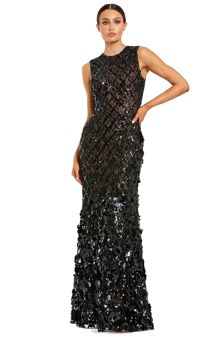 Black Mesh Embellished Mermaid Engagement Gown by Mac Duggal at Pernia's Pop Up Shop