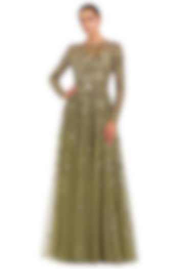 Green Mesh Floral Hand Embellished A-Line Engagement Gown by Mac Duggal at Pernia's Pop Up Shop