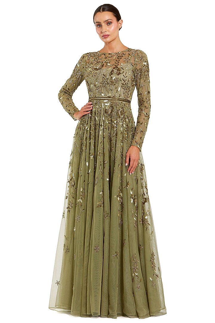 Green Mesh Floral Hand Embellished A-Line Engagement Gown by Mac Duggal at Pernia's Pop Up Shop