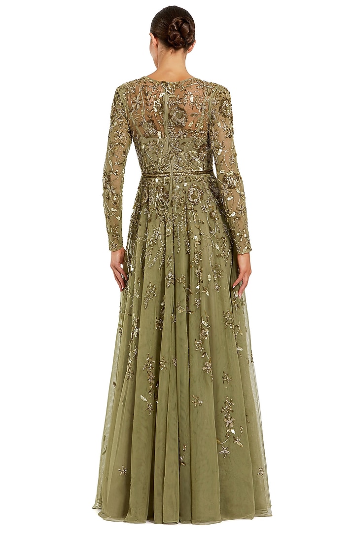 Green Mesh Floral Hand Embellished A-Line Engagement Gown by Mac Duggal at Pernia's Pop Up Shop